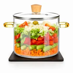 VAGHASIYA ENTERPRISE 1.5L Glass Simmer Pots for Cooking on Stove Glass Boiling Pot Small Heat-Resistant Clear Saucepan with Lid for Pasta Soup, Baby Food, and Salad(with Wooden Stand)