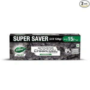 DABUR Herb'L Activated Charcoal Toothpaste 240G (120G x2, Pack of 2) | Whitening Black Gel Toothpaste | Fluoride Free | Fights Plaque & Extrinsic Stains | With Power of Mint | Cool & Refreshing Mouth Experience