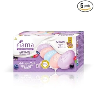 Fiama Skin Barrier Strengthening Moisturizing Soap Bar 125gx5, Japanese Hokkaido Milk Celebration Pack of 5, Non-Sticky Soft Skin | 1/3rd Moisturizers | Blueberry, Goji Berry & Acai Berry Combo pack