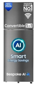 [with HDFC CC]  Samsung 330 L, 3 Star, Convertible 5-in-1, Digital Inverter, Frost Free Double Door, WiFi Bespoke AI Refrigerator (RT34HG5A23S8HL, Silver, Elegant Inox, 2026 Model)