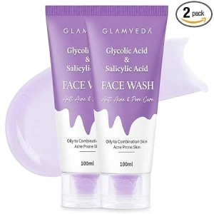 Glamveda Glycolic Acid & 0.05% ww Salicylic Acid Anti Acne Face Wash (100ml Pack of 2) | For Oily & Acne Prone Skin | Oil balancing, Deep Cleansing | No Paraben, SLS