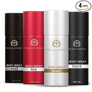 he Man Company Deodorant for Men Gift Set | Pack of 4 Body Sprays (150ml Each) | Long Lasting Deodorant for Men | Black, Blanc, Fire & Oud | Premium Fragrance with Musk, Sandalwood, Amber & Patchouli | Daily Office Wear Deo