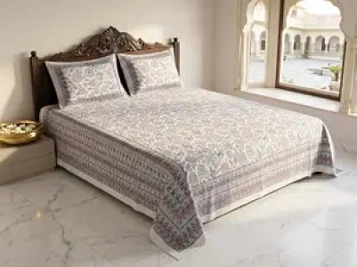 Pure Cotton King Size Bedsheet with 2 Pillow Covers | Traditional Floral Jaipuri Print Flat Bed Sheet for Double Bed (93 x 108 Inches, Multicolor)