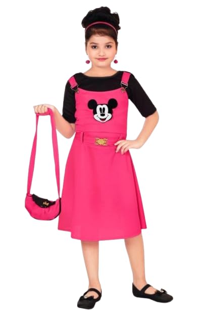 Kid Girls Cartoon Printed Crepe Self-Design Dress with Bag