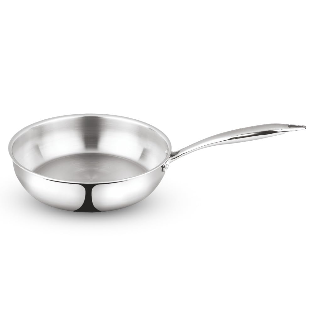 Borosil Cookfresh Tri-ply Stainless Steel Frypan with Handle | Gas, Induction Compatible | SS304 Food Grade Steel Frying Pan | Even Heat Distribution | Dishawasher Safe | 5 Year Warranty (2.3 L)