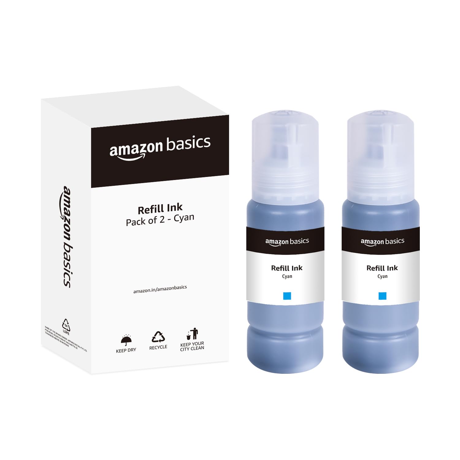 amazon basics 003 Refill Ink Bottle (Dual Pack) | Compatible with Epson L3110/L3150/L3250/L3252/L3115/L3116/L3101/L3210/L3215/L3216/L3151/L3152/L3156/L5190 | Leak-Proof (70ml, Cyan)