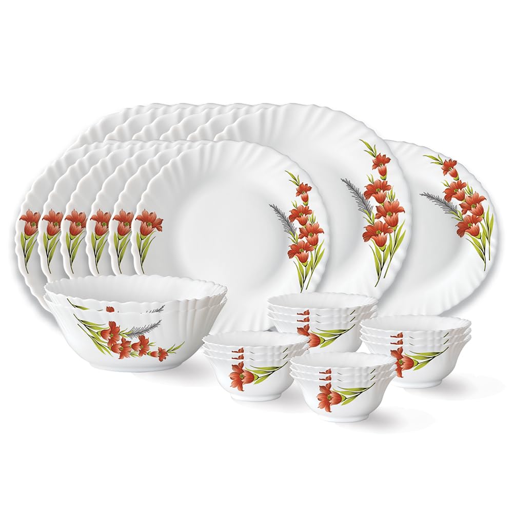 Larah by Borosil Red Iris Fluted Series Opalware Dinner Set | 27 Pieces for Family of 6 | Microwave & Dishwasher Safe | Bone-Ash Free | Crockery Set for Dining & Gifting | Plates & Bowls | White