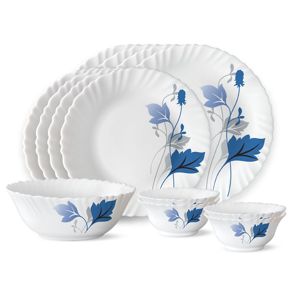 Larah by Borosil Fluted Series Ageria Opalware Dinner Set | 13 Piece for Family of 4 | Microwave & Dishwasher Safe | Bone-Ash Free | Crockery Set for Dining & Gifting | Plates & Bowls | White