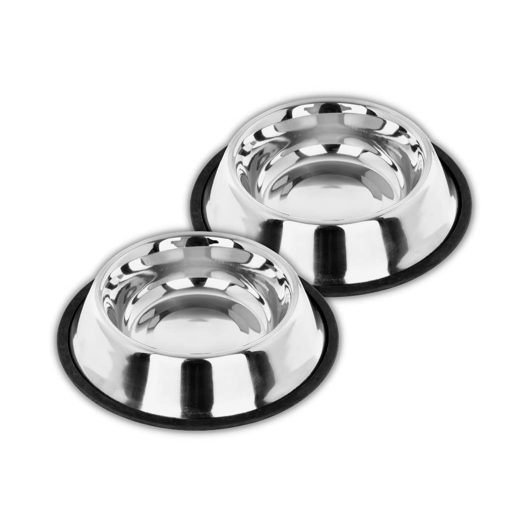 Madhabi Stainless Steel Pet Bowl Set for Dogs and Cats, Size 5, Non-Slip Rubber Base, Rust-Free Food and Water Feeding Bowls, Chew-Proof No-Tip Design for Home and Outdoor Use – Pack of 2