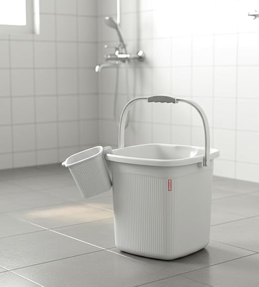 Modware Square Ribbon Plastic Bucket Set with Mug | 25L Brown Bathroom Bucket with Handle + 1.5L Mug | Heavy-Duty Polypropylene + Co-Polymer | Stylish & Durable Bath Set (White 25 L)