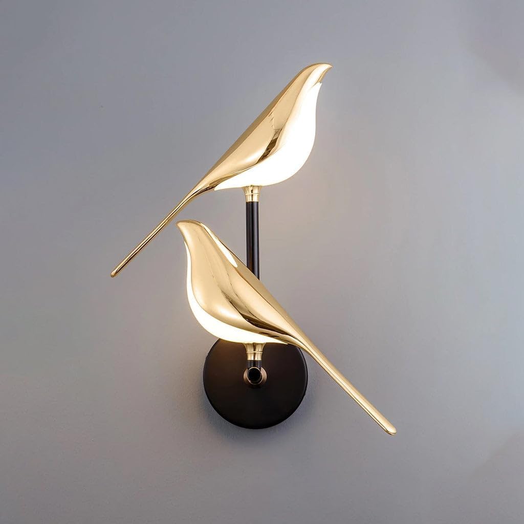 Desidiya Modern Double Chirpy Bird Warm White Wall Light for Living Room, Bedroom, Dining, Elegant Decorative Sparrow Lamp for Bedroom Bird Wall Light Fixture, Fancy Golden Metal Wall Decor