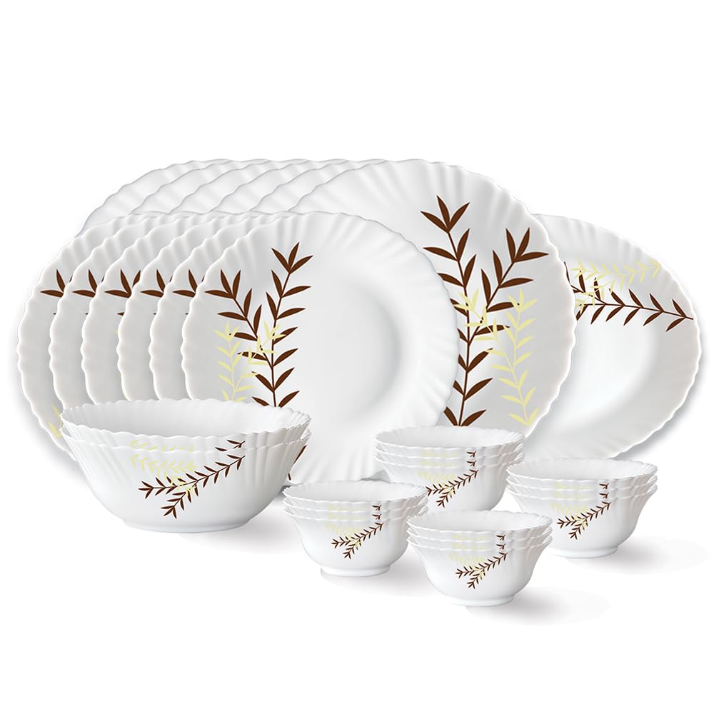 Larah by Borosil Oak Fluted Series Opalware Dinner Set | 27 Pieces for Family of 6 | Microwave & Dishwasher Safe | Bone-Ash Free | Crockery Set for Dining & Gifting | Plates & Bowls | White