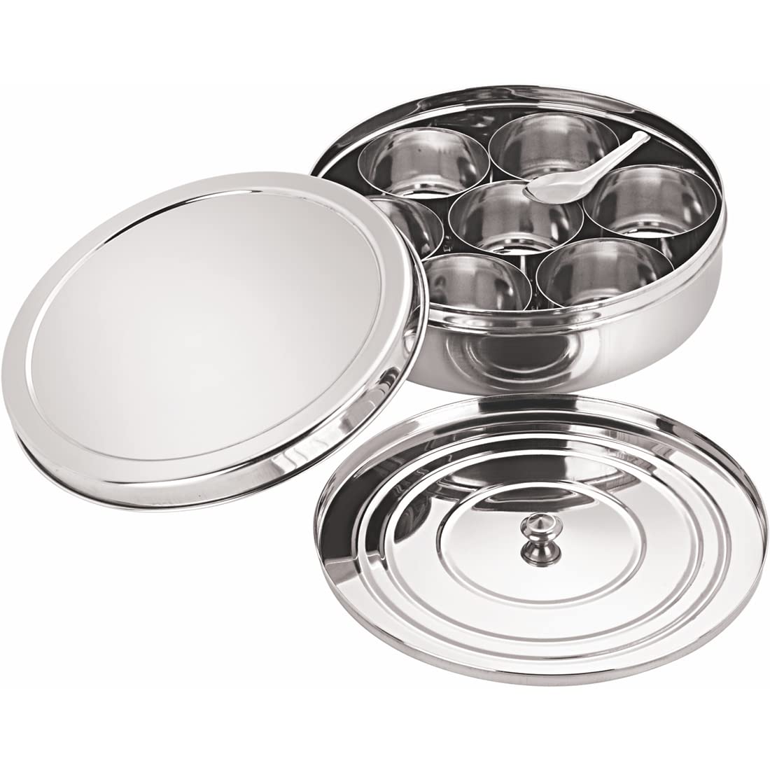 neelam Stainless Steel Spice Box, Masala Dabba with airtight Steel Lid, 7 Containers with 1 Spoon & 1 Steel Plate, Organize Spices, Durable & Elegant Kitchen Storage for Home Cooking, Silver, 825 ml