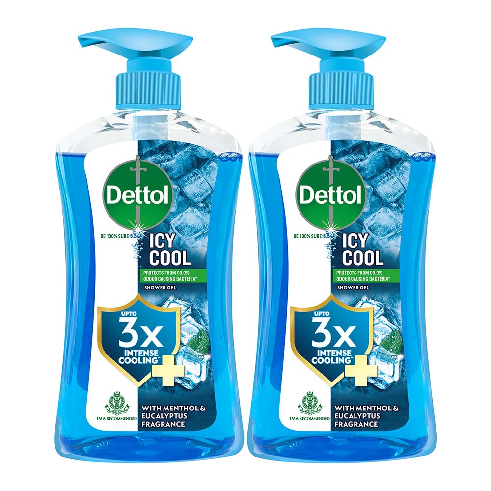 Dettol Icy Cool Body Wash and Shower Gel Pump for Men | Goodness of Salicylic Acid | Menthol Freshness | 500ml Pack of 2