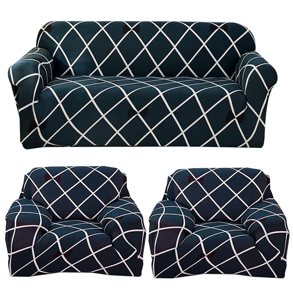Sofa Cover 3 Seater and 2 Seater Fully Covered Universal 5 Seater Sofa Cover Non-Slip Sticky Elastic Stretchable Sofa Set Imported Slipcover Protector (Blue Diamond, Five Seater (3+1+1))