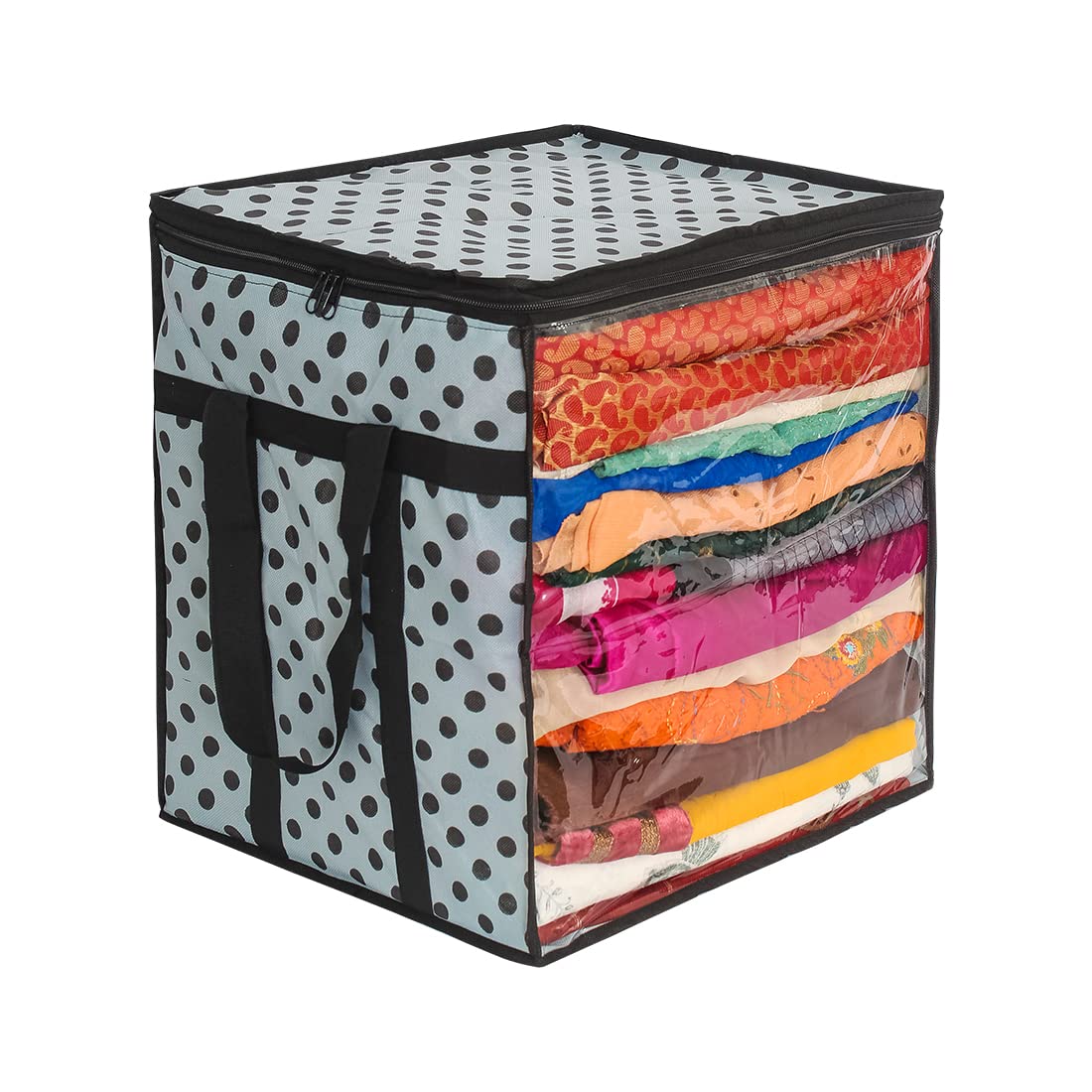PrettyKrafts XL Saree Cover, Clothes Storage Bag, Storage Organizer Bag, Zip Closure and Transparent Front, Clothes Storage Bag, Wardrobe Organizer, Size (15 X 12 X 15 In), Pack of 1, Dots Grey