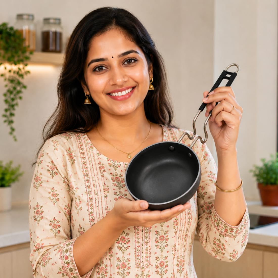 LAZYwindow® Iron Induction Tadka Pan with Insulated Steel Handle, 12cm Diameter, Pack of 1
