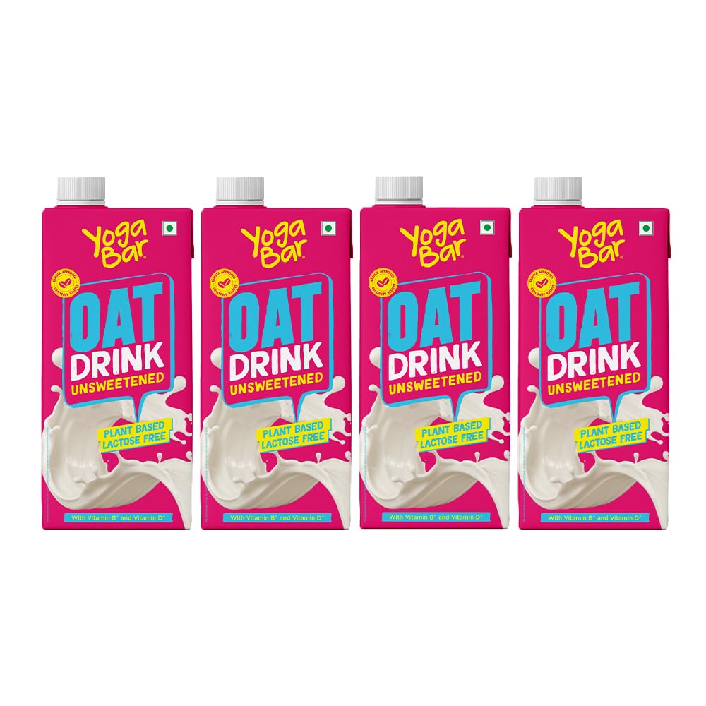 Yogabar Oat Milk Unsweetened (4x1L) | Barista Approved | Fortified with Vitamin B, D & Calcium |Dairy & Lactose Free Milk | No Added Sugar | Vegan Plant-Based Oat Beverage for Coffee & Smoothies | Zero Cholesterol
