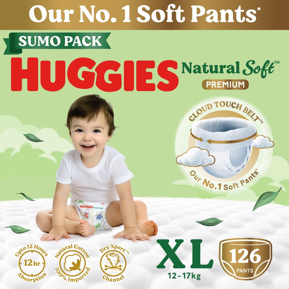 Huggies Natural Soft Premium Baby Diaper Pants, Our No.1 Soft Pants, Extra Large (XL) Size (12-17 Kgs), Sumo Pack of 126 diapers | Cloud Softness All over with India's 1st Cloud Touch BeltTM (42 Count, Pack of 3)