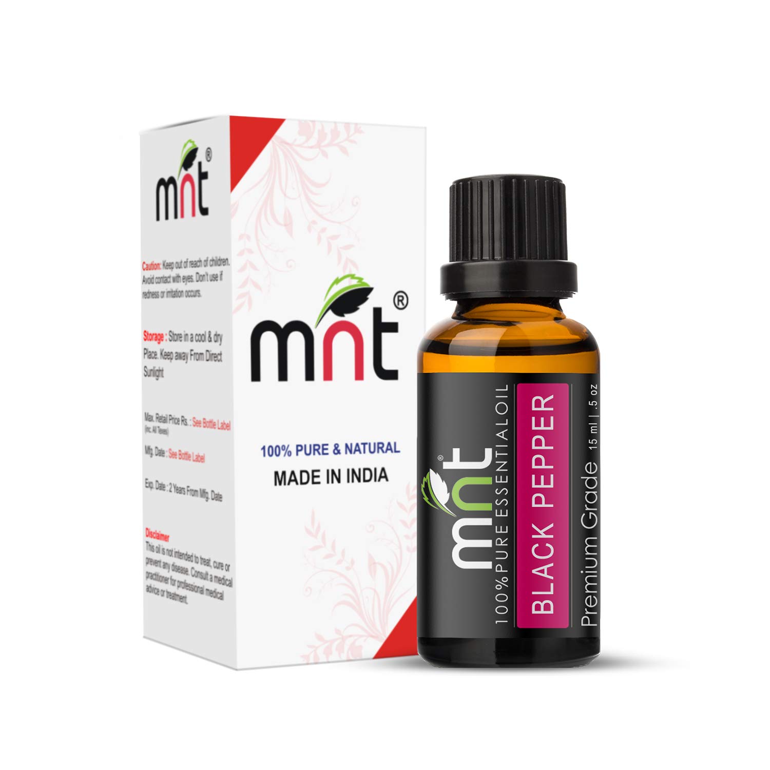MNT Black Pepper Essential Oil 100% Pure, Natural & Therapeutic Grade Oil for Hair, Skin, Massage & Aromatherapy (15ML)