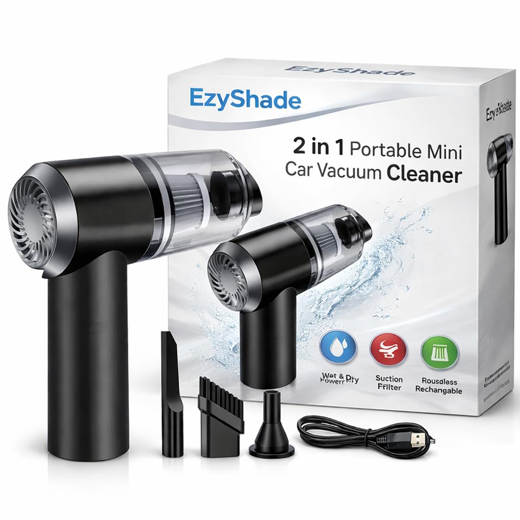 EzyShade 2 in 1 Portable Mini Car Vacuum Cleaner with Blower Rechargeable Wireless Handheld Vaccine Cleaner Vaccum for Home and Car, Cordless Blower for Cleaning Dust, Wet and Dry Use