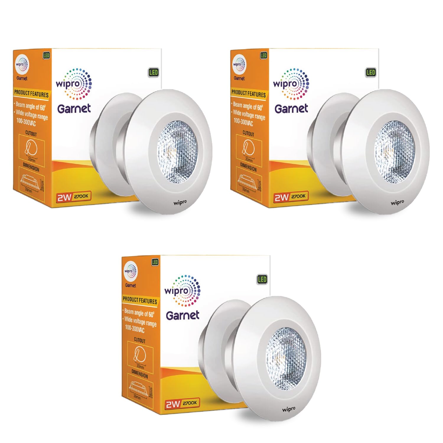 wipro Polycarbonate Garnet 2W Led Integrated Spotlight | Cool White (6500K) | Compact Design Ceiling Spot Light for Cabinets & Wardrobes | Cutout - 33Mm | Pack of 3,