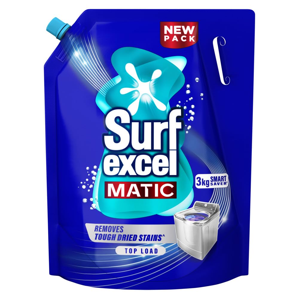 Surf Excel Matic Top Load Liquid Detergent 3L Refill Pouch, Specially designed to remove Tough Dried Stains, 1st time in Washing Machine