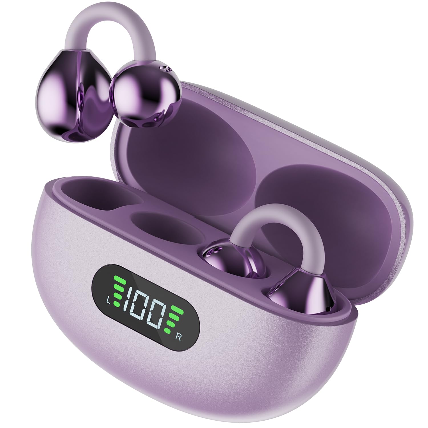 Fire-Boltt Aero Clip OWS Earbud w/Clip-On Fit, Custom EQ, Wireless Bluetooth TWS,50H Playtime, 50ms Low Latency, Display on Charging Case, App Support, Touch Controls, Gaming & Music-Lilac Bloom