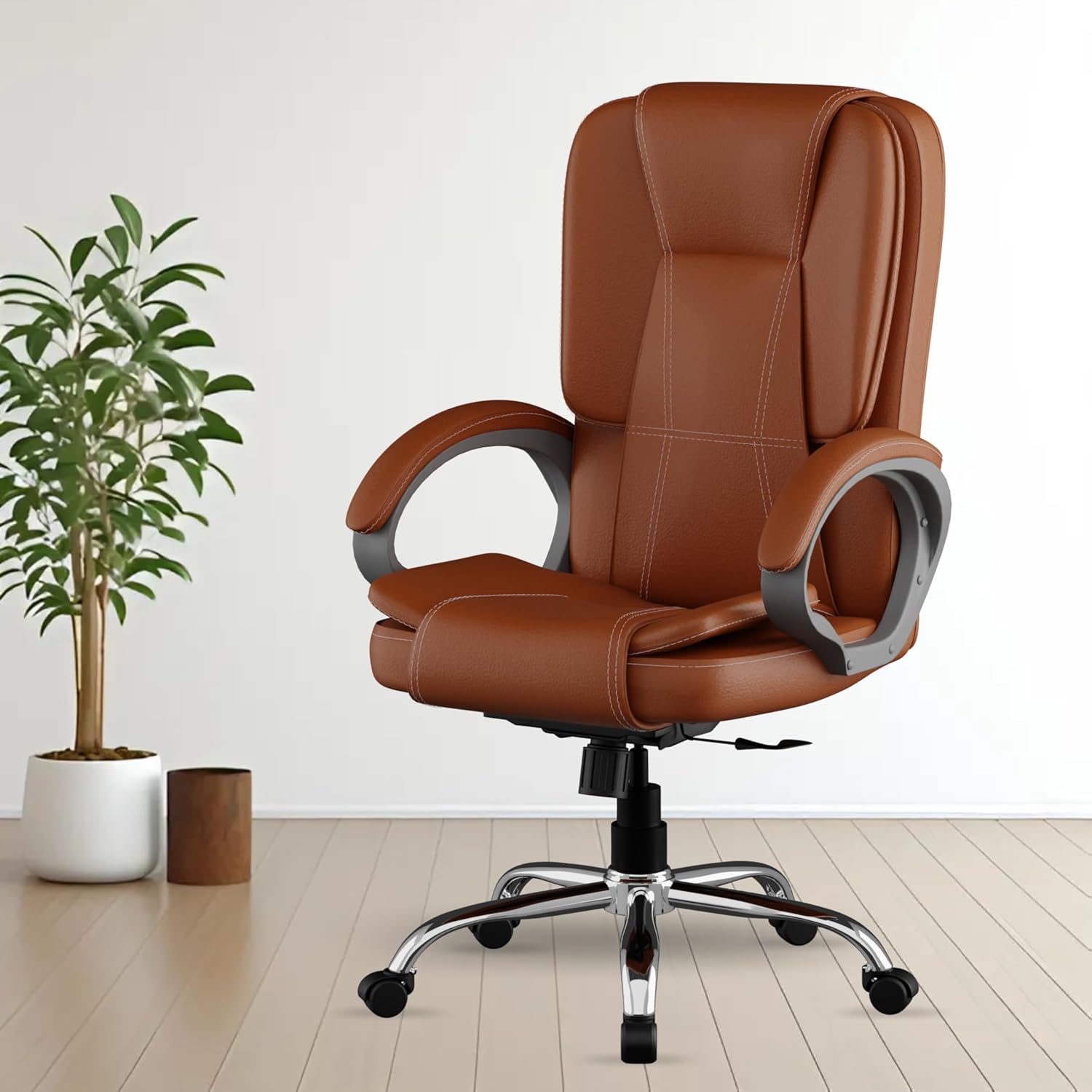 FUGO FG13 Orthopedic Boss Chair with 3 Year Warranty | Leatherette Office Chair | Ergonomic Executive Chair with Spacious Cushioned Seat | Heavy Duty Metal Base | Rocking Function (Tan)