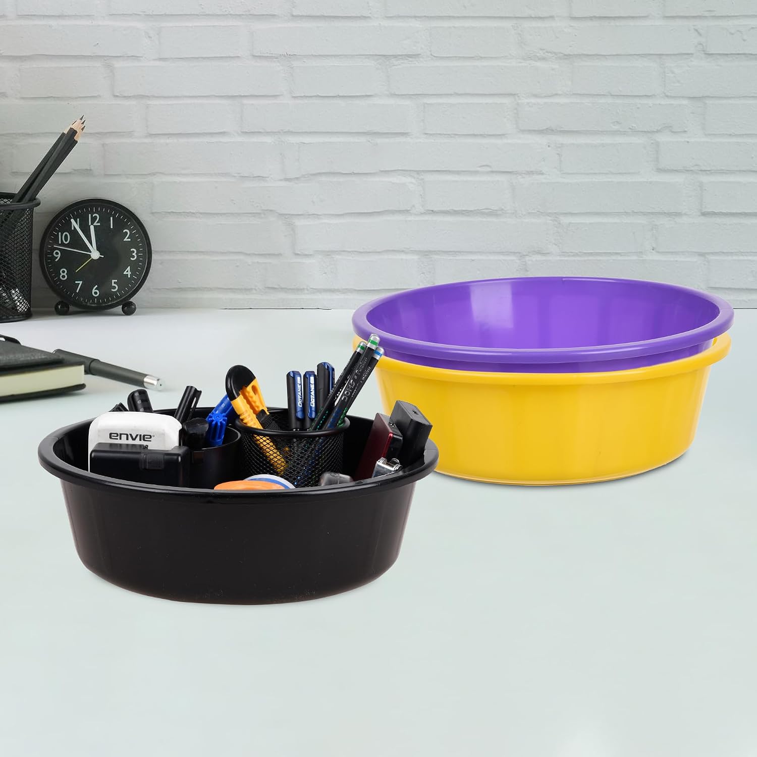 Urbane Home Pack of 3 Desk Organizer | Stationery Organizer | Multipurpose Organizer | Office Supplies for Pen-Pencil-Staplers | Desktop Organizer | 6 LTR | Yellow & Purple & Black