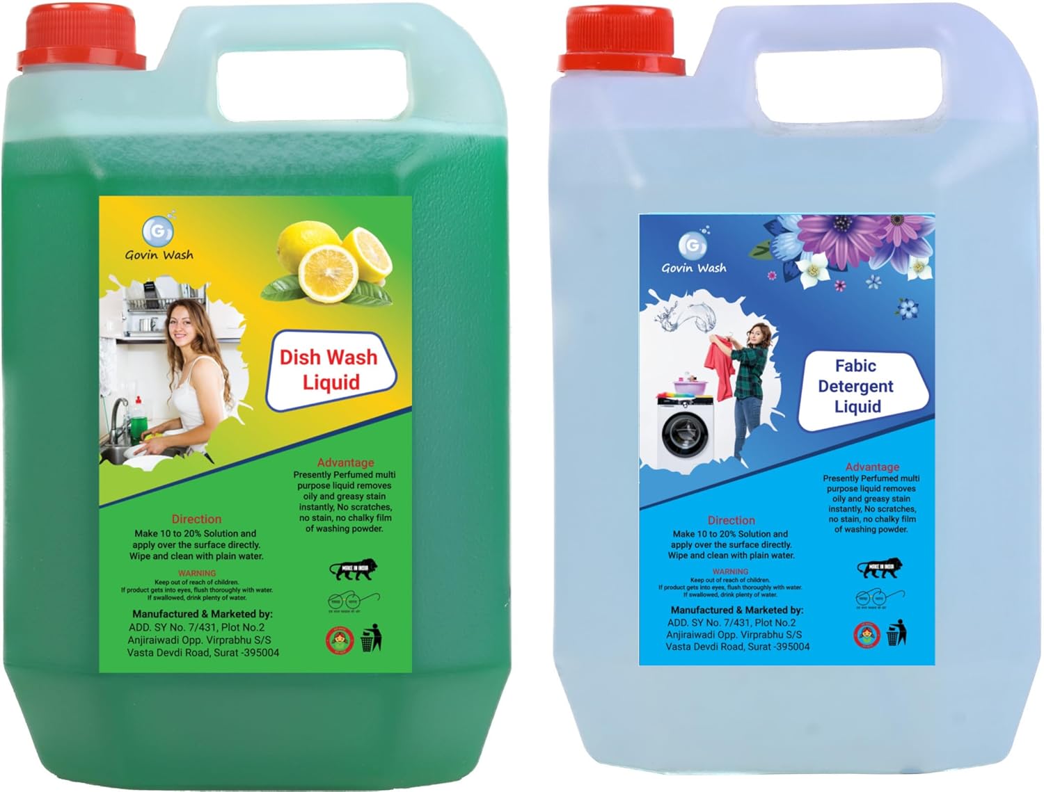 GOVIN WASH Washing machine liquid detergent sky blue+Dish Cleaning Gel green pack of(2)10 L