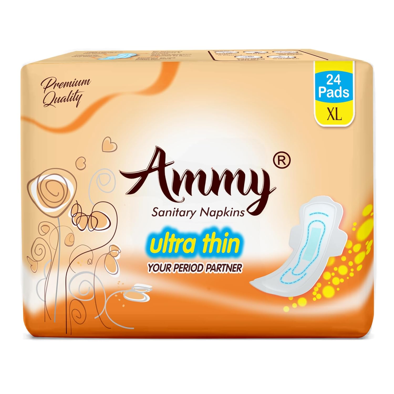 Ammy Super Absorbent Ultra Thin Sanitary Pads - 24 Pcs XL Size for Heavy Flow | Cottony Soft, Rash Free, Leak Lock with 7 Layer Protection & Advanced Gel Lock Feature | Pack of 1