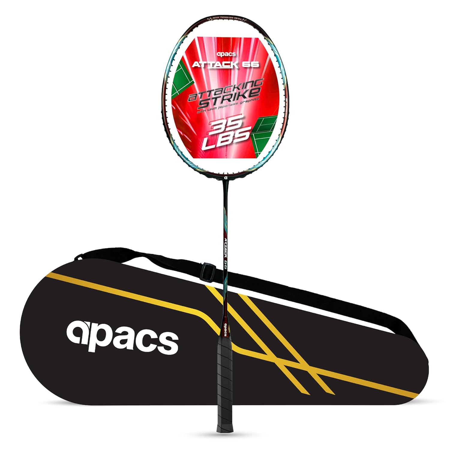 Apacs Attack 66 (35LBS | 5U | Power x Speed Frame System) 30T High Modulus Graphite Badminton Racket with Full Cover | Made in Vietman (Red)
