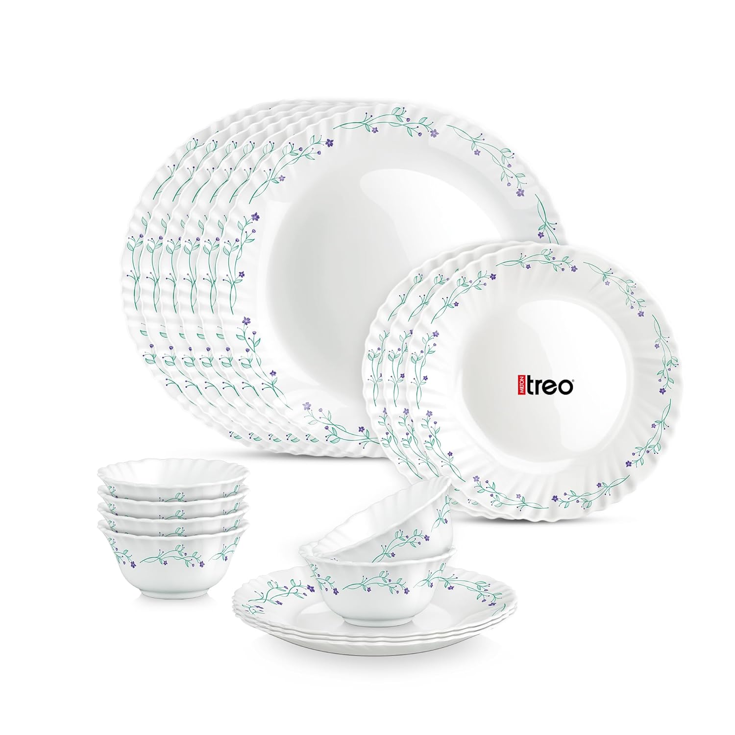 Treo by Milton Opalware Aurelia Murel Dinner Set of 18 | Serving for 6 | Microwave & Dishwasher Safe | Bone-Ash Free | Tempered Toughness | Plates & Bowls | Crockery Set for Dining & Gifting