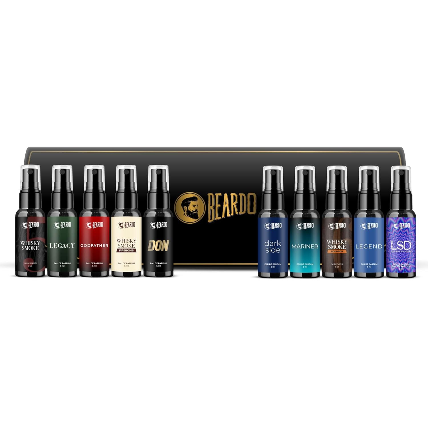 BEARDO Mini Perfume Trial Kit, 10x5ml | Best Date Night Fragrances For Men | Travel Friendly Perfume Kit For All Moods & Occasions, Fresh Scent | Giftset for Men | Husband | Boyfriend