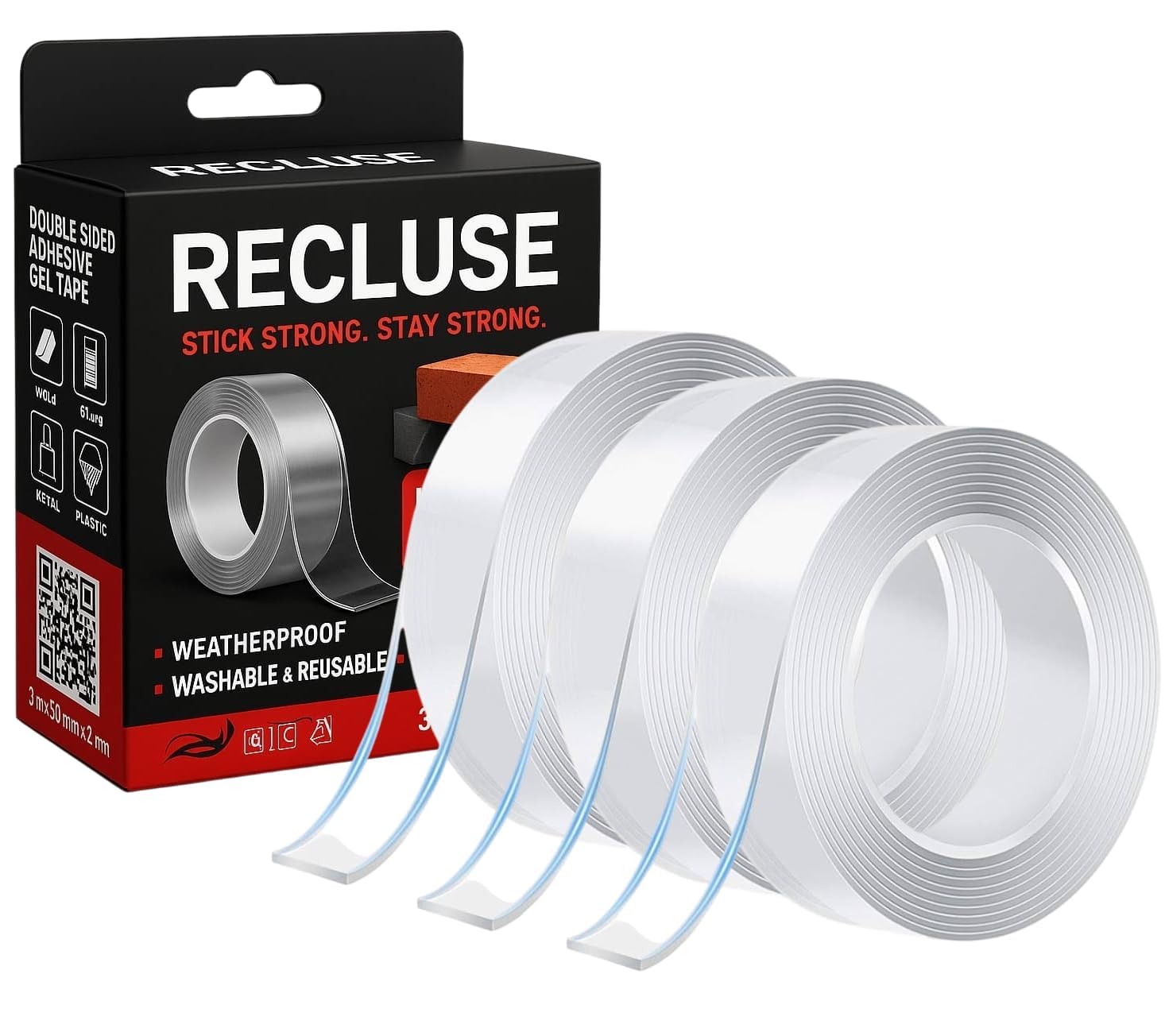 Recluse Heavy-Duty Multipurpose Traceless Mounting Adhesive Tape for Walls with Double Sides, Washable, Reusable Nano Double Sided Tape (3 Meter), Strong Sticky Strips, Gel Grip