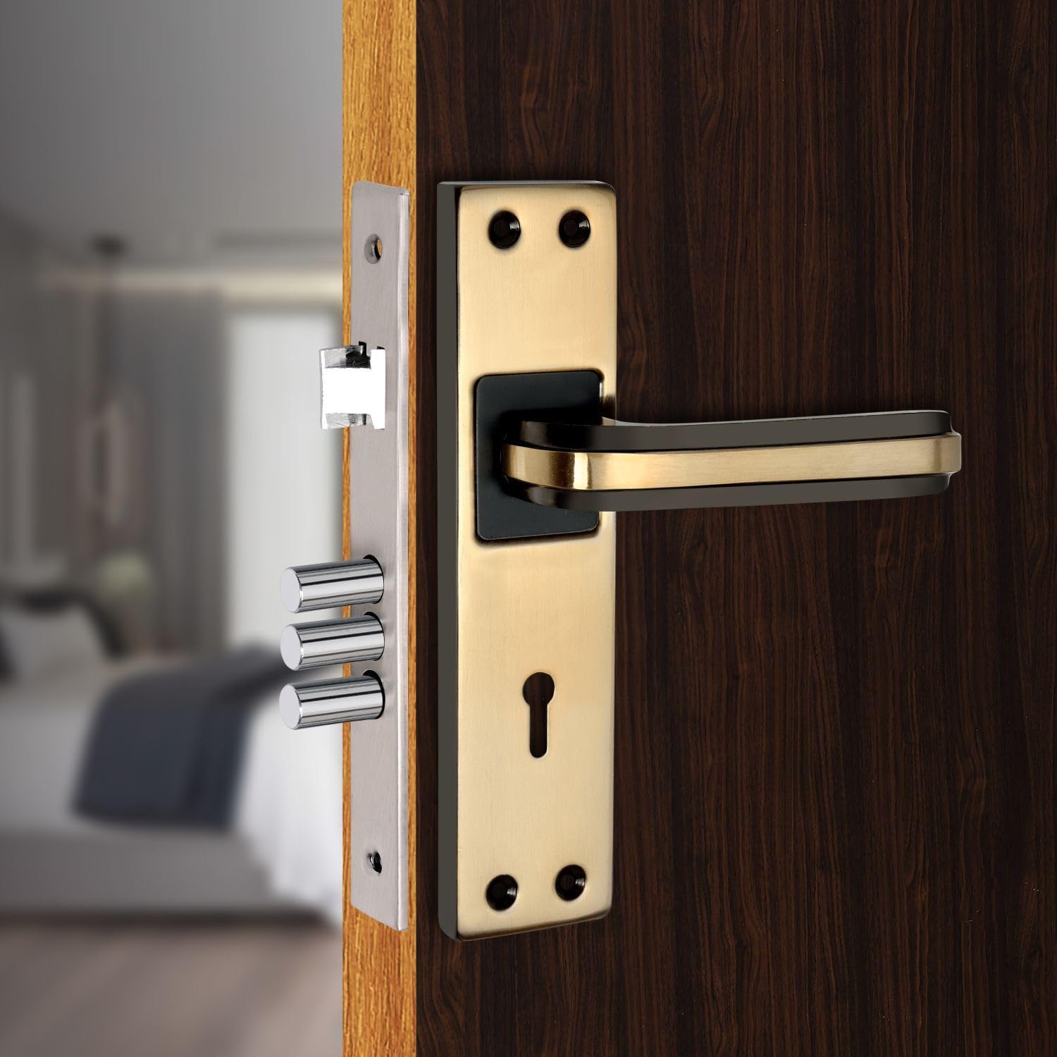 Milton Iron MHI-Liner Black.Gold 7 Inch Iron Mortise Lock Set with Lock Handle,Finish, Black Gold 175 mm x 40 mm Plate, 100mm Handle Length, Includes Keys and Screws