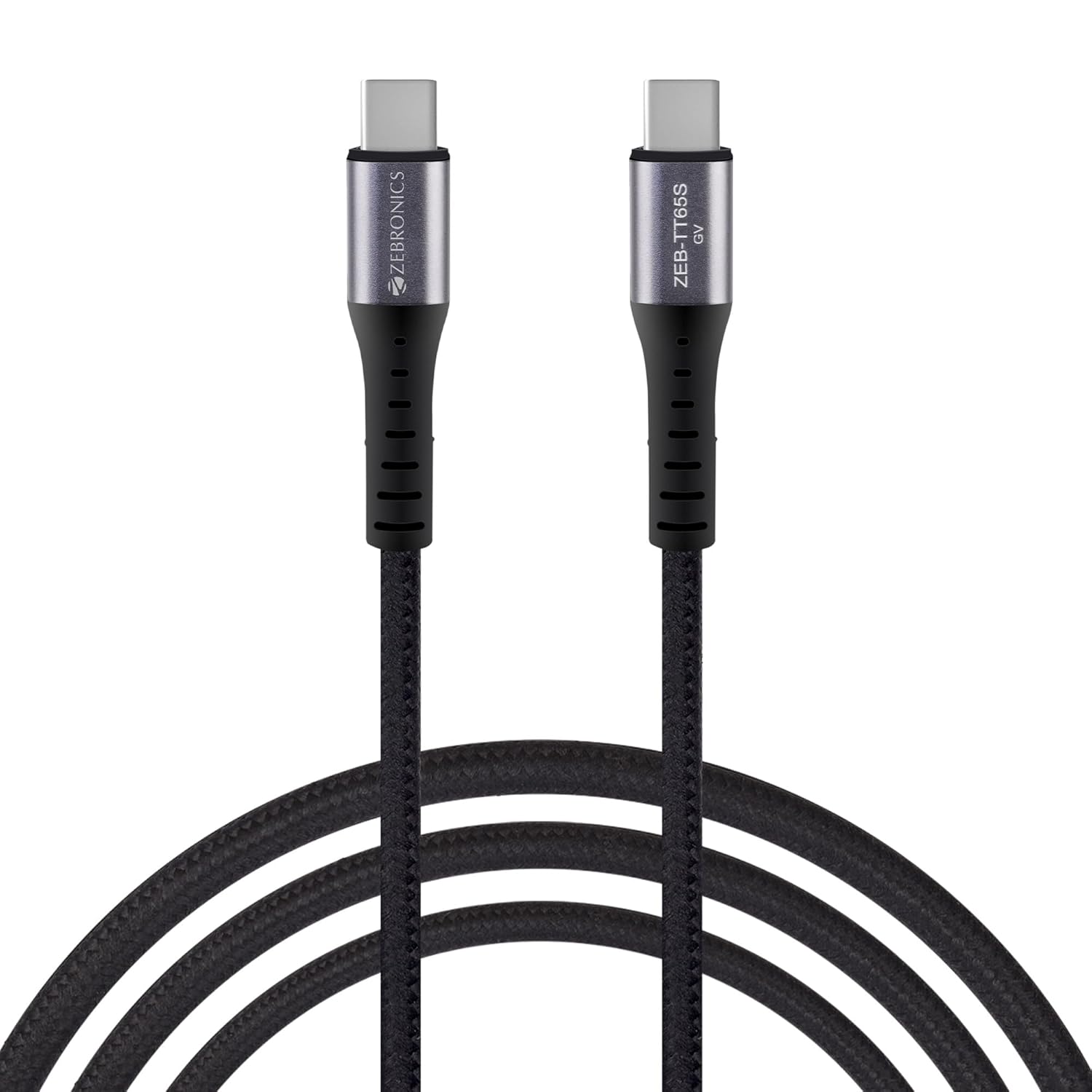 ZEBRONICS TT65S Type C - Type C Braided Cable, 65 Watts PD, Rapid Charging Cable, Charge & Sync, 1M, Compatible with iPhone 15 | Samsung | OnePlus | Xiaomi | Realme | Oppo (Black)