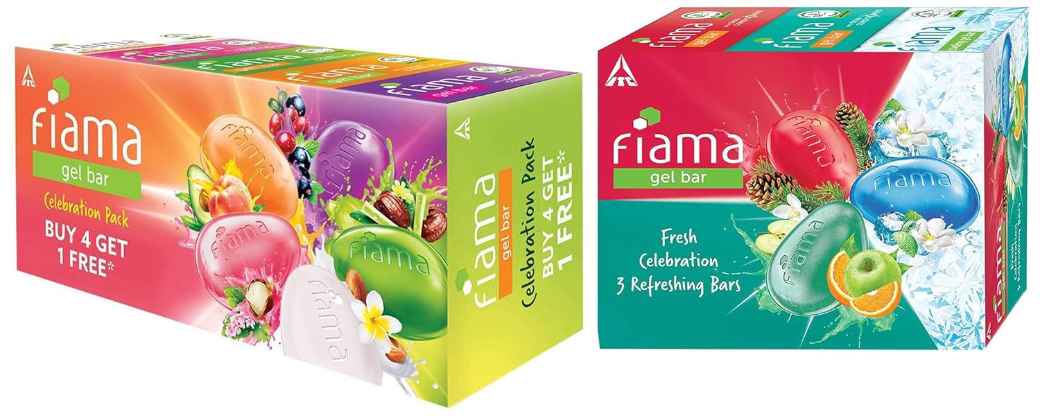 Fiama Gel Bar Celebration Pack, 125g Soap (Buy 4 Get 1 Free) & Fiama Gel Bathing Bar Fresh Celebration pack, with 3 unique gel bars, 125g soap (Pack of 3), Blue