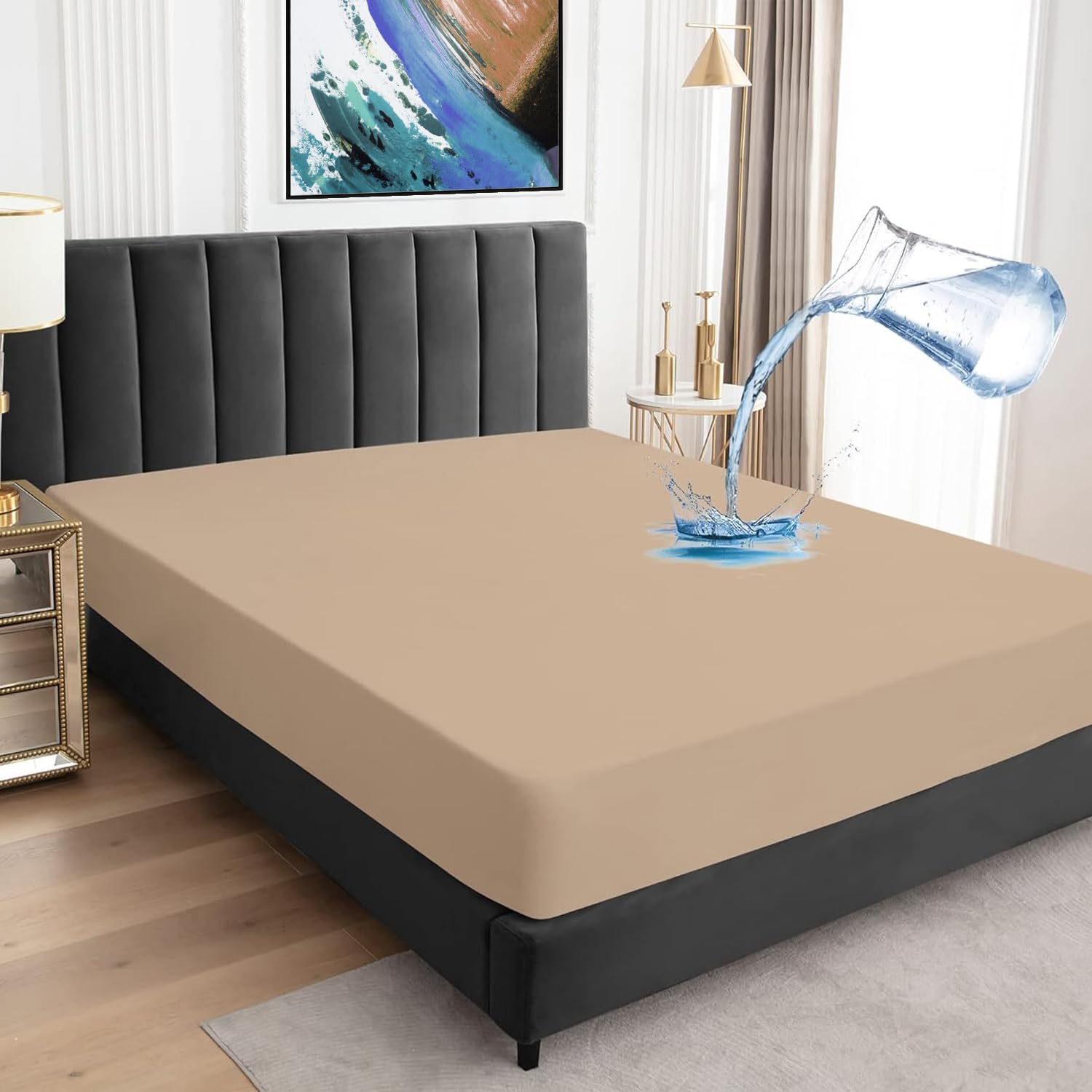 BeyBee 100% Waterproof Interlock Mattress Protector | Breathable, Hypoallergenic, Washable & 2X Absorbency | Soft & Slim Easy Elastic Fitted Bed Protector (Size-75 * 72, Beige)