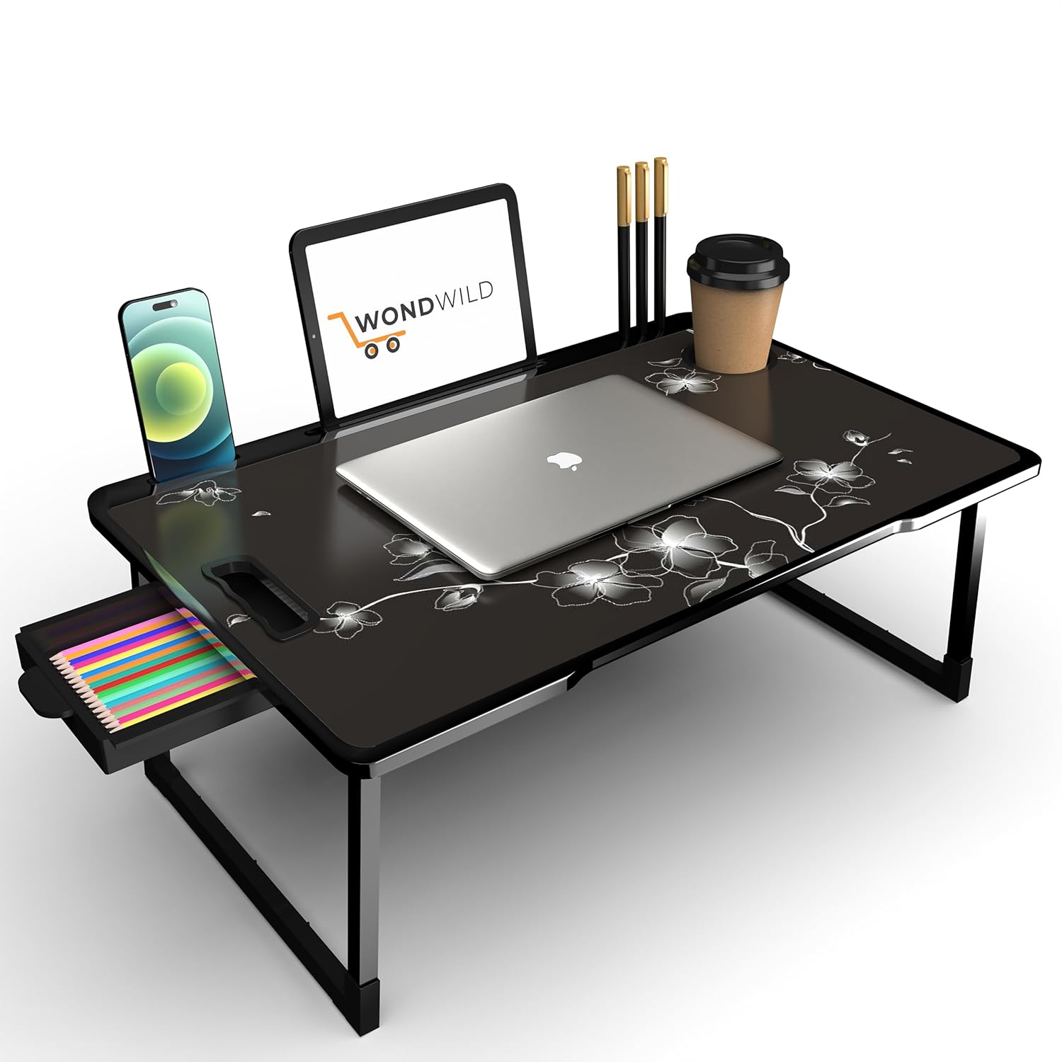 OPTIFINE Study Table/ Bed Table /Foldable and Portable Wooden/Writing Desk for Office/Home/School (Black-COTTED-BLACKFLOWER)