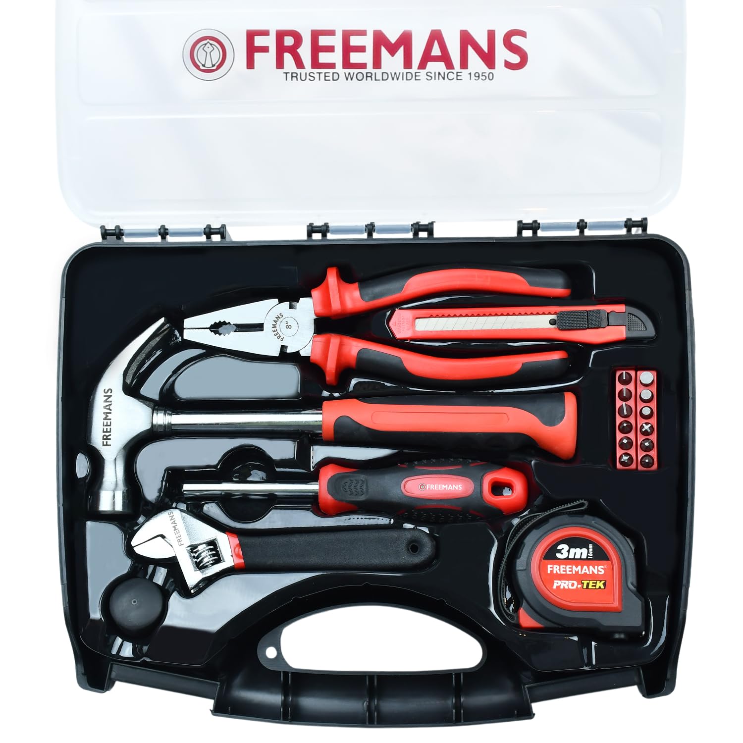 FREEMANS DIY19 Hand Tool Kit – 19 Piece Household Repair & Maintenance Set, Includes Hammer, Wrench, Pliers, Screwdriver Bits, Cutter & Tape, Portable Tool Box for DIY, Home, Office & Car Use