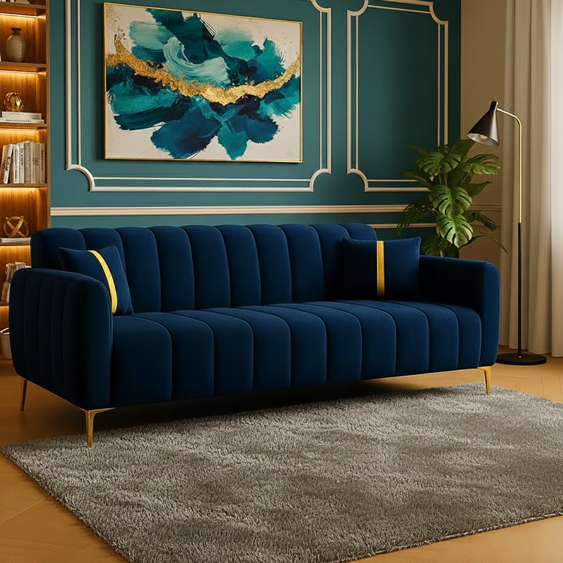 Furny Harmon 3 Seater Fabric Sofa Set (Blue) | Soft Velvet Fabric | Modern Design | Comfortable Seating | Living Room Furniture