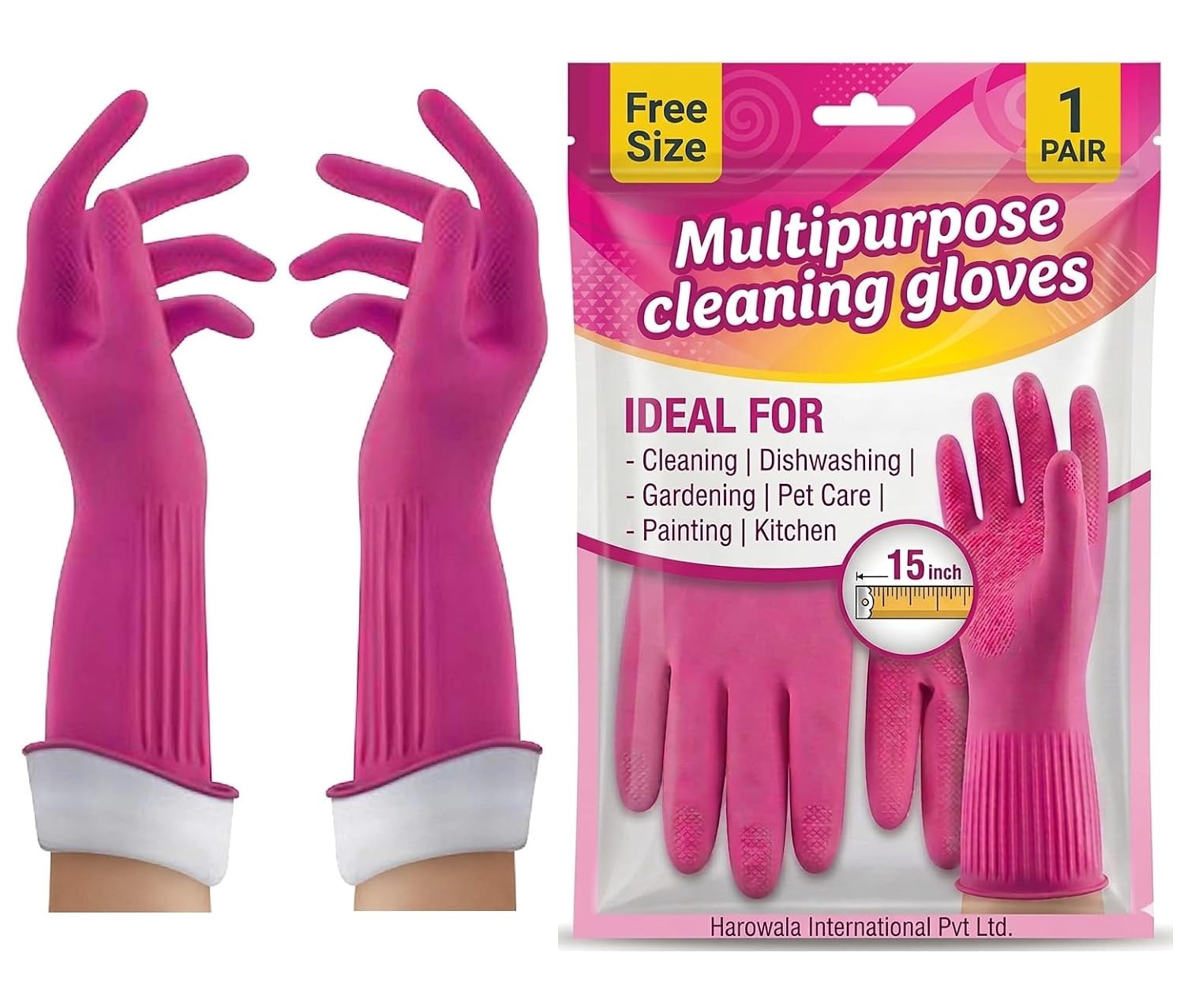 Pink Multipurpose Rubber Gloves| Cleaning| Kitchen| Dishwashing | Gardening | Pet Care | Painting | Reusable| Non-Slip| Latex-Free| Heavy Duty| Waterproof| 15 INCH. (1 PAIR)