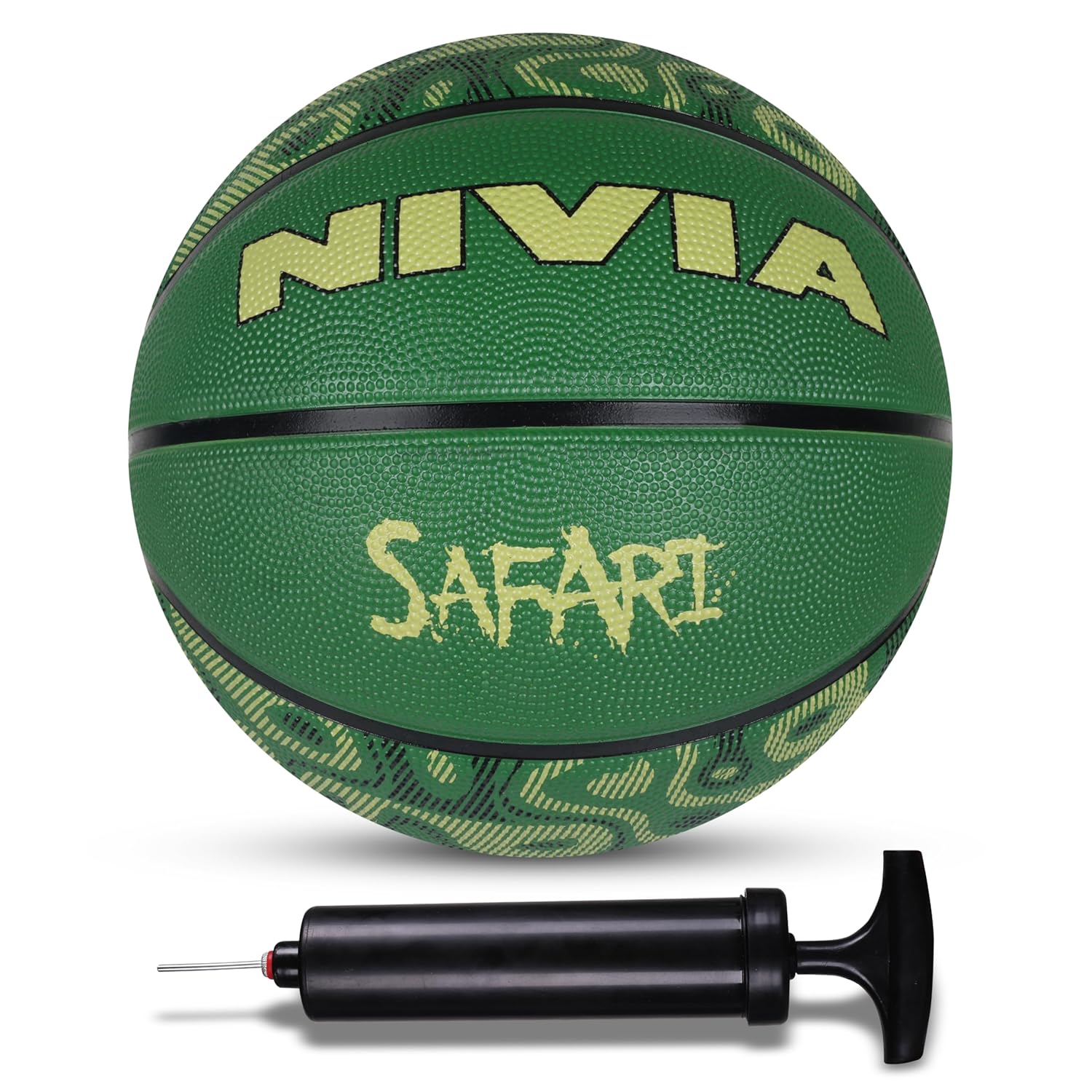 Nivia Safari Basketball, As per Basic Standard, 8 Panels, Butyl Threadwounded Bladder, Made for Beginners, to Play on All Indoor & Outdoor Surfaces (with Pump)
