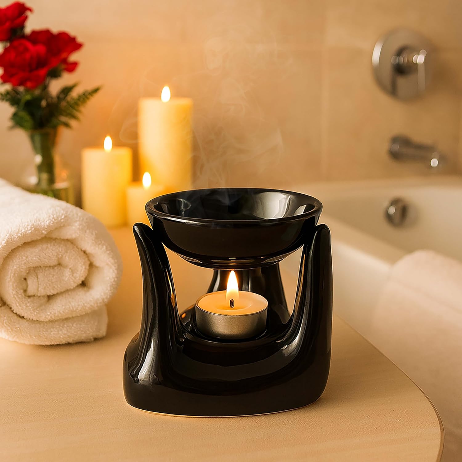Pure Source India Ceramic Aroma Oil Burner with Tealight Holder – Hand Shaped Essential Oil Diffuser for Home Fragrance, Diwali Gifting, Meditation & Relaxation (Black)