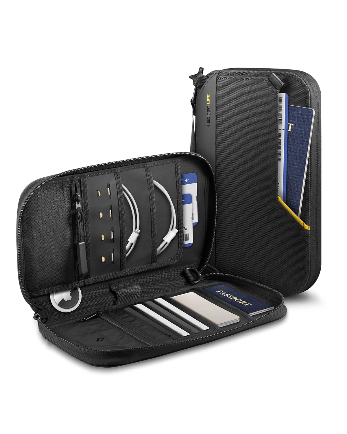 Spigen Life Passport Holder, Travel Documents Organizer with RFID Blocking, SIM Card Holder and Eject Pin, Wrist Strap, up to 4 Passports - Black
