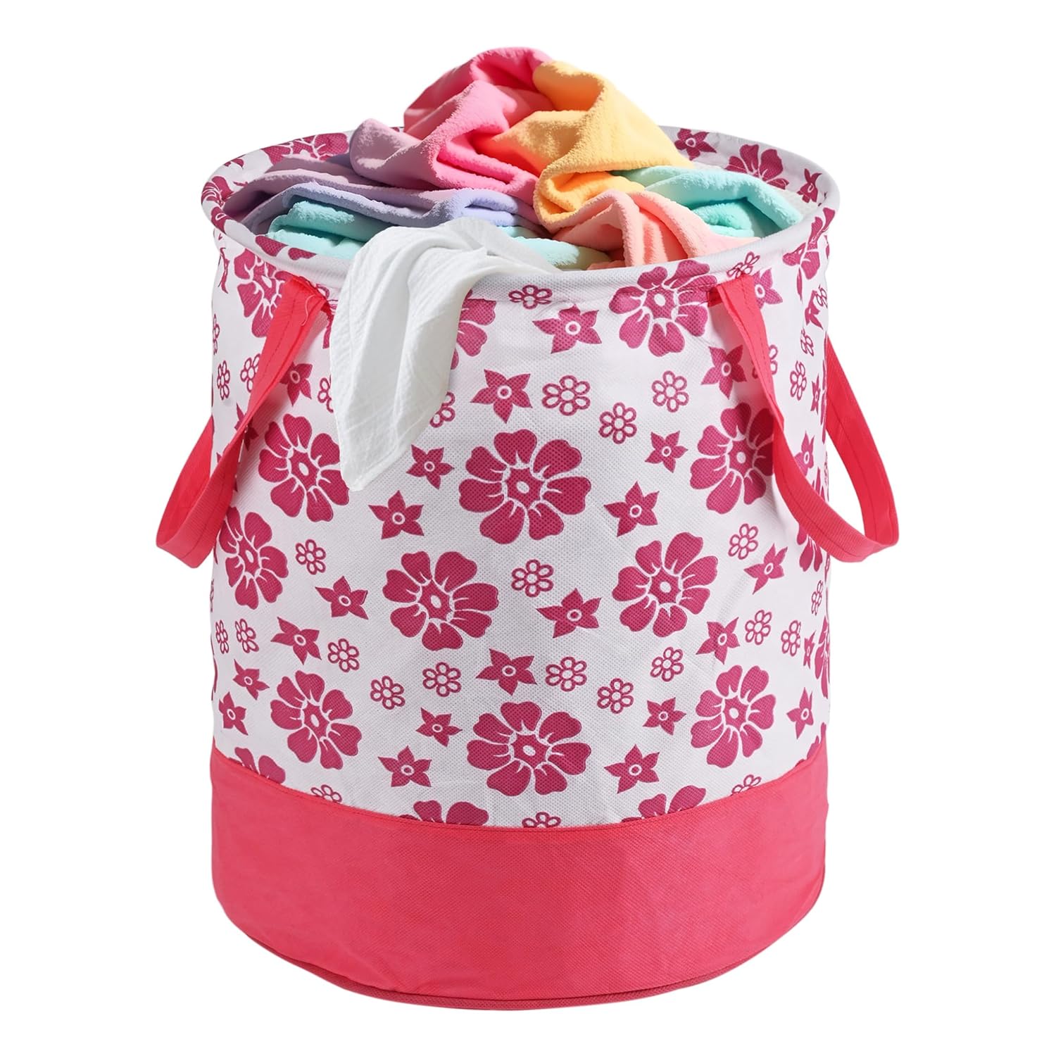 Urbane Home 45L Foldable Dirty Clothes Laundry Basket With Handles For Washing - Baby Unwashed Dress Bin/Storage Box | Floral Print -Pink & White