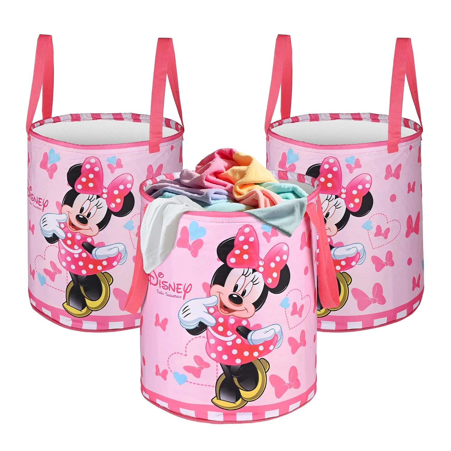 Urbane Home Pack of 3 Foldable Dirty Clothes 45L Laundry Basket With Handles | Baby Unwashed Dress Bin/Storage Box | Disney Minnie - Pink