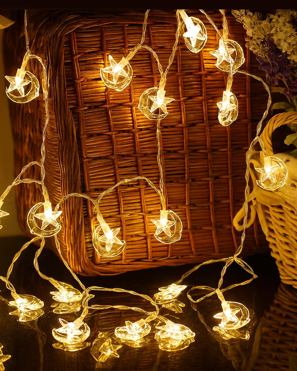 Homesake® 20-Led Fairy Lights for Decorations, Waterproof String Lights, Warm White, LED Lights, Festive Decor, Diwali Decorative Light, Light, Led Lights for Decoration (Moon & Star) 5M, 2Pin Plug